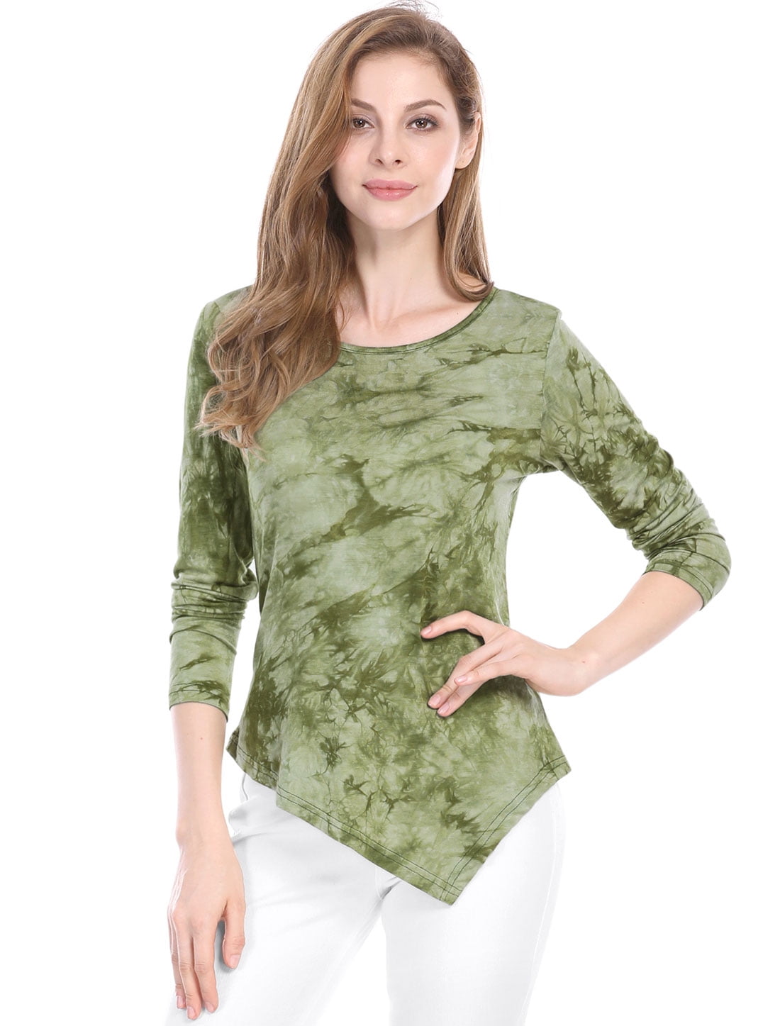 Women's Long Sleeves Round Neck Printed Handkerchief Hem Tunic Top Dark