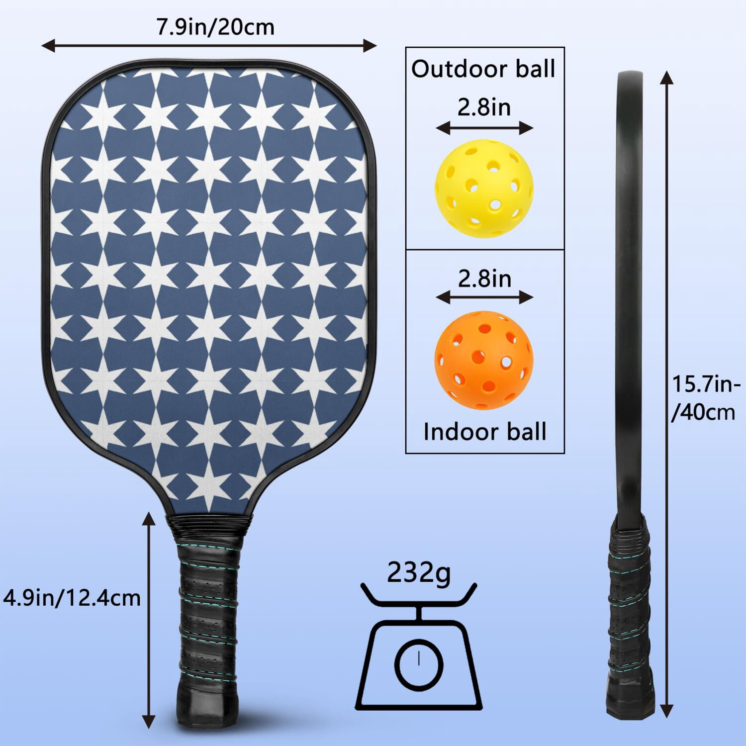 Pickleball Paddles Set Of 1, Fiberglass Surface, USA, Star Print, 1 Paddle, 2 Balls & Bag