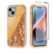 NIFFPD iPhone 14 Plus with Screen Protector, Bling Glitter Quicksand Sparkle Clear & Shockproof Protective Cover iPhone 14 Plus 6.7" Rose Gold