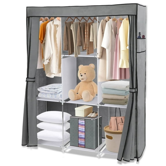 Portable Closet Storage Organizer 3 Hanging Rod Shelf Clothes Wardrobe Shoe Clothing Rack Shelf Dustproof Non-woven Fabric, Quick and Easy to Assemble