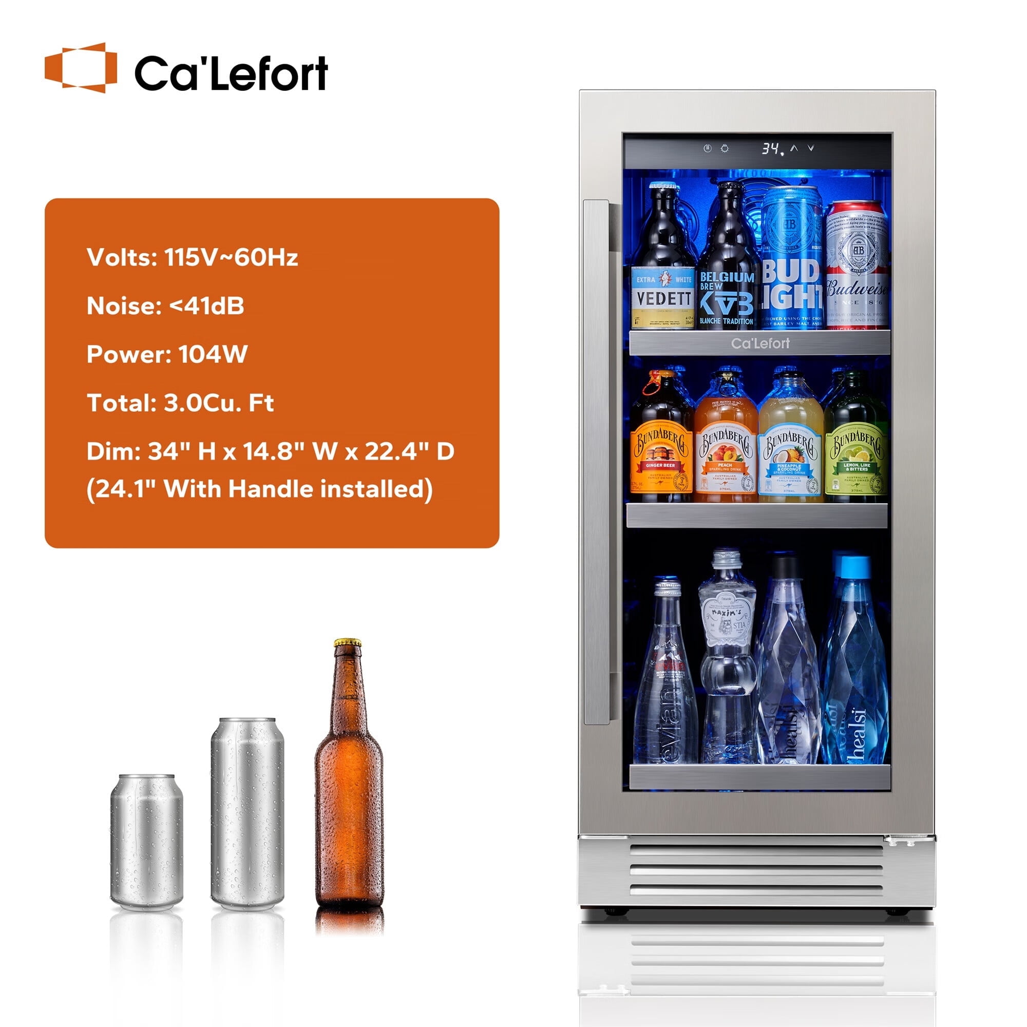 Ca'Lefort 15'' Beverage Refrigerator Cooler,100 Cans Beverage Fridge,Built in or Freestanding Beverage Center with Stainless Steel Door