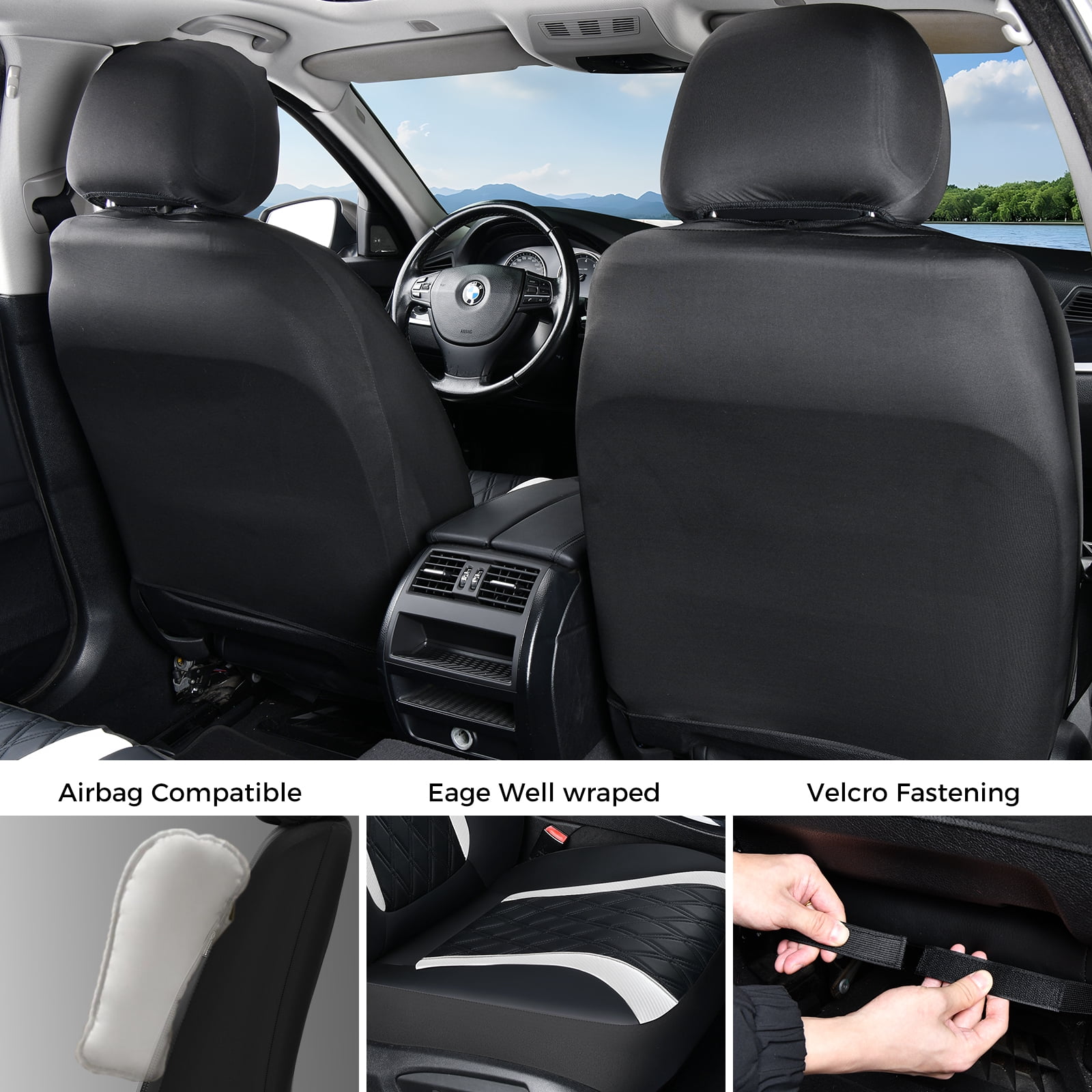 Coverado Car Seat Covers, Faux Leather with Carbon Fiber Front Car Seat Protectors, 4 Pieces Universal Fit for Most Cars SUV Trucks, Black&White