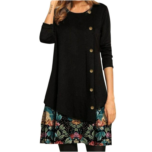 Moda mujer otoño casual manga completa botón o-cuello estampado floral empalme vestido Fridja nbo2378