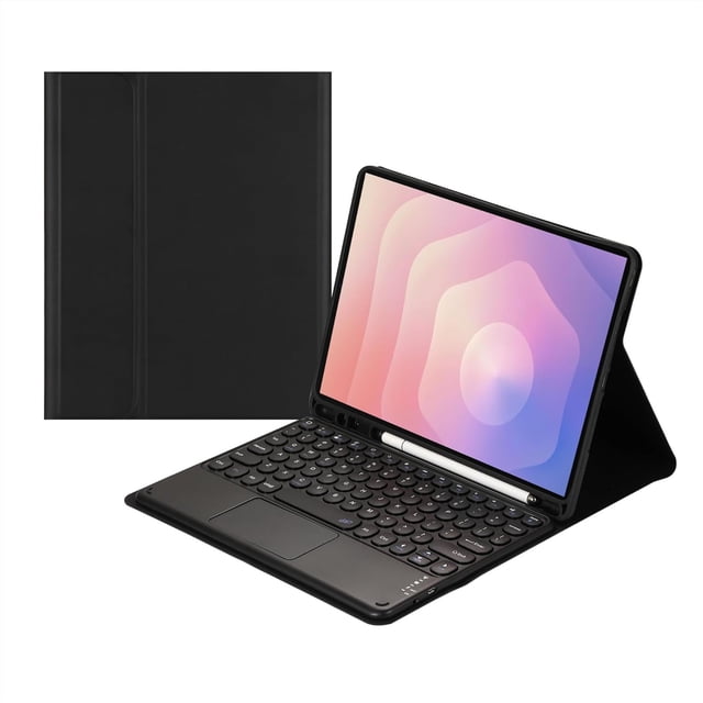 funda con teclado táctil para samsung galaxy tab s11 (11 pulgadas) modelo 2025 (sm-x730/sm-x736b), con portalápices - teclado bluetooth táctil magnéticamente desmontable funda negra con teclado Bluetooth desmontable y trackpad, vista 3/4 con tablet en modo soporte; teclado con teclas redondeadas, panel táctil integrado y ranura frontal para lápiz; cubierta trasera de TPU antideslizante que permite varios ángulos. También es adecuada para tomar notas y revisar correos en movilidad.