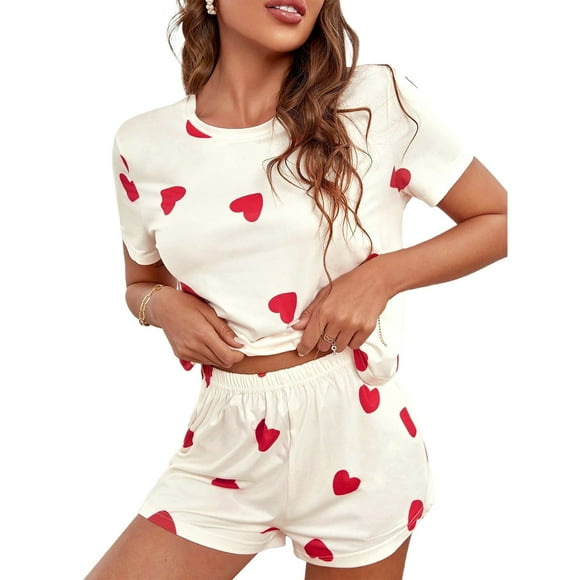 Huaizzzy Women's Fashionable Home Round Neck Short Sleeved Shorts with Print Casual Pajamas and Pajama Pants Set Sleep Wear Holiday Pajamas Bride Outfit Getting Ready Christmas Pajamas Women Set