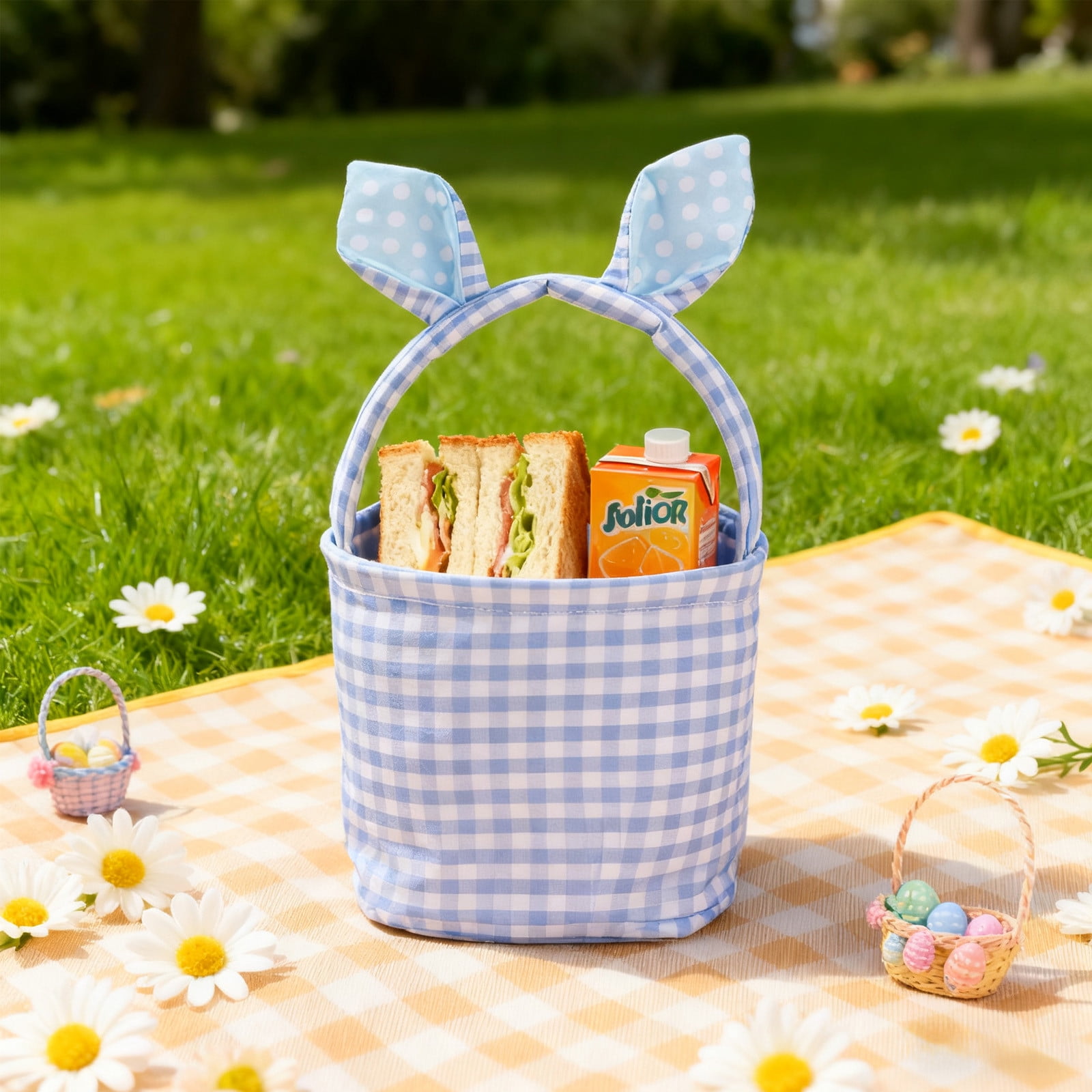 Lunxisen 2 Pcs Easter Bunny Basket Plaid Gingham Easter Buckets with Border Pleat,Cute Easter Basket Tote Easter Eggs Hunt Bag,Easter Decorations,Candy Gifts Storage