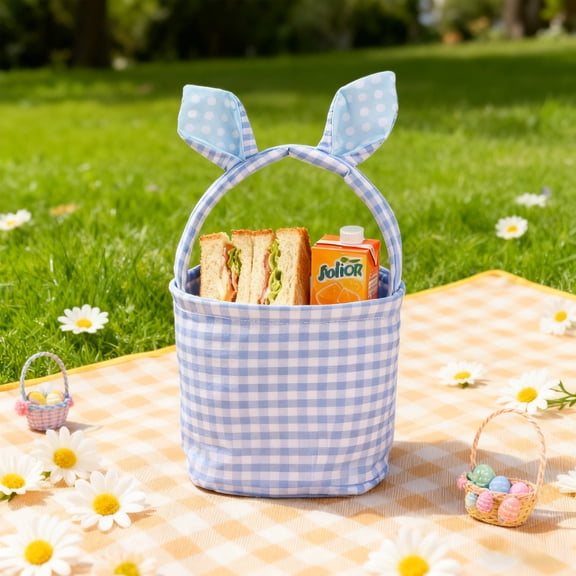 VAJUSO Easter Bunny Ear Checkered Basket, Egg & Candy Storage Tote, Sky Blue Happy Easter