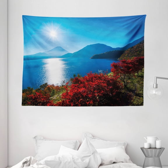 Nature Tapestry, Japan Sunny Autumn Fall Plants Landscape with Trees Mountains and Ocean Panorama, Wall Hanging for Bedroom Living Room Dorm Decor, 80W X 60L Inches, Blue and Red, by Ambesonne