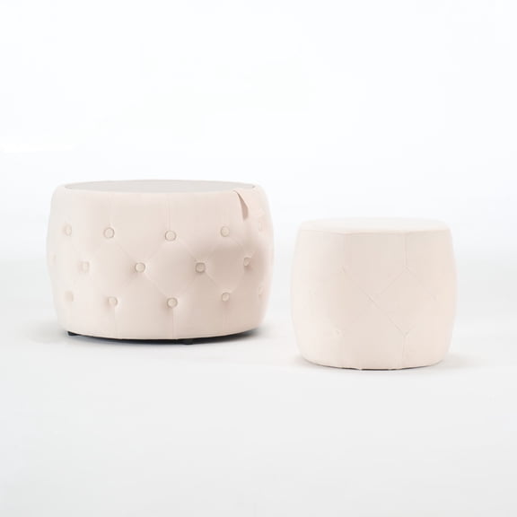 BOFANG Nesting Storage Ottomans Set, Velvet Round Footstool & Bench with Removable Tray,Beige
