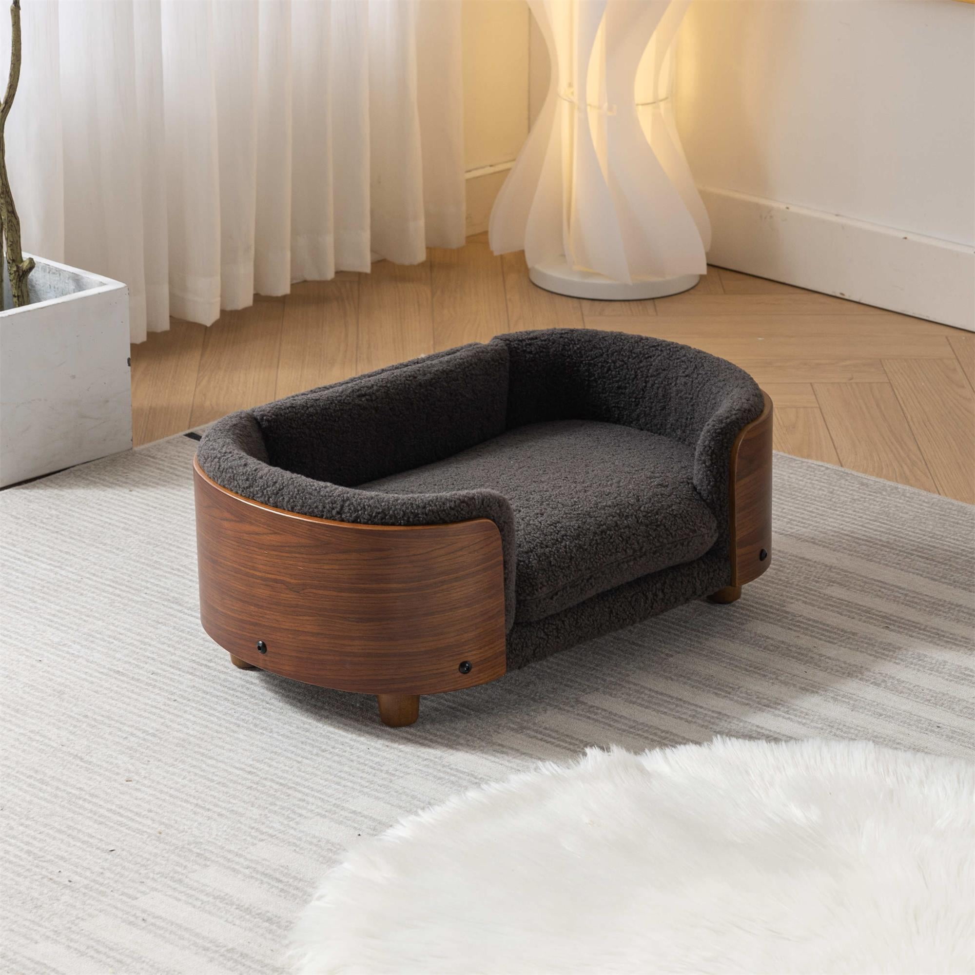 Pefilos 26" Pet Sofa for Indoors Dogs, Cat and Dog Bed with Solid Wood Legs and Walnut Bent Wood Back, Cashmere Cushion, Gray Pefilos 26" Pet Sofa for Indoors Dogs, Cat and Dog Bed with Solid Wood Legs and Walnut Bent Wood Back, Cashmere Cushion, Gray