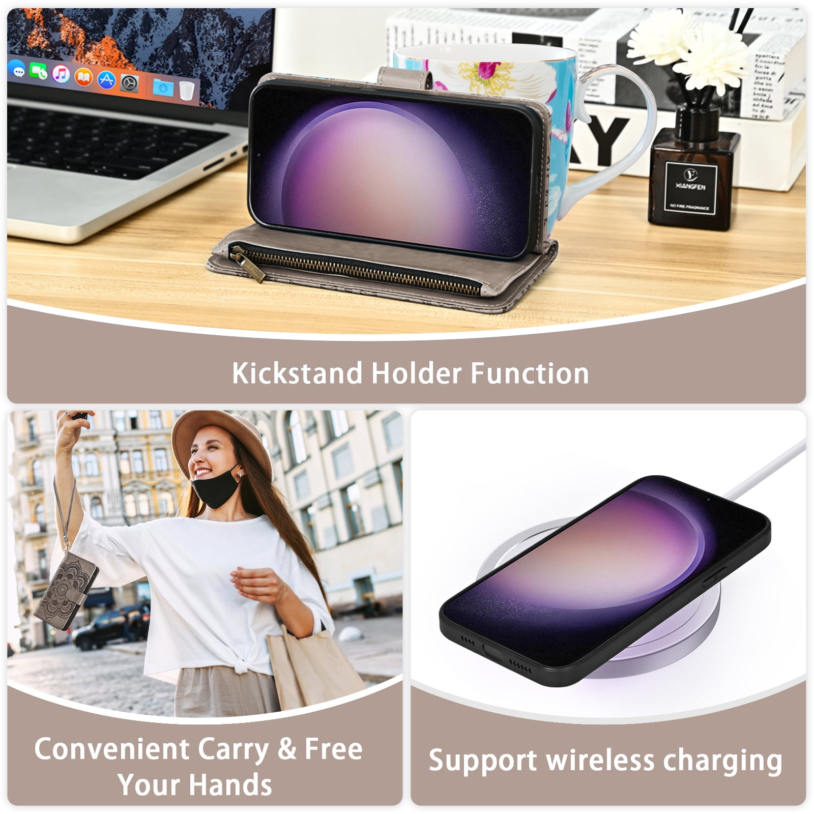 Asuwish Phone Case for Samsung Galaxy S23 5G Zipper Wallet Magnetic Detachable Cell Cover with Tempered Glass Screen Protector Crossbody Strap Flower Card Holder Slot S 23 23S SM-S911U Women Purple