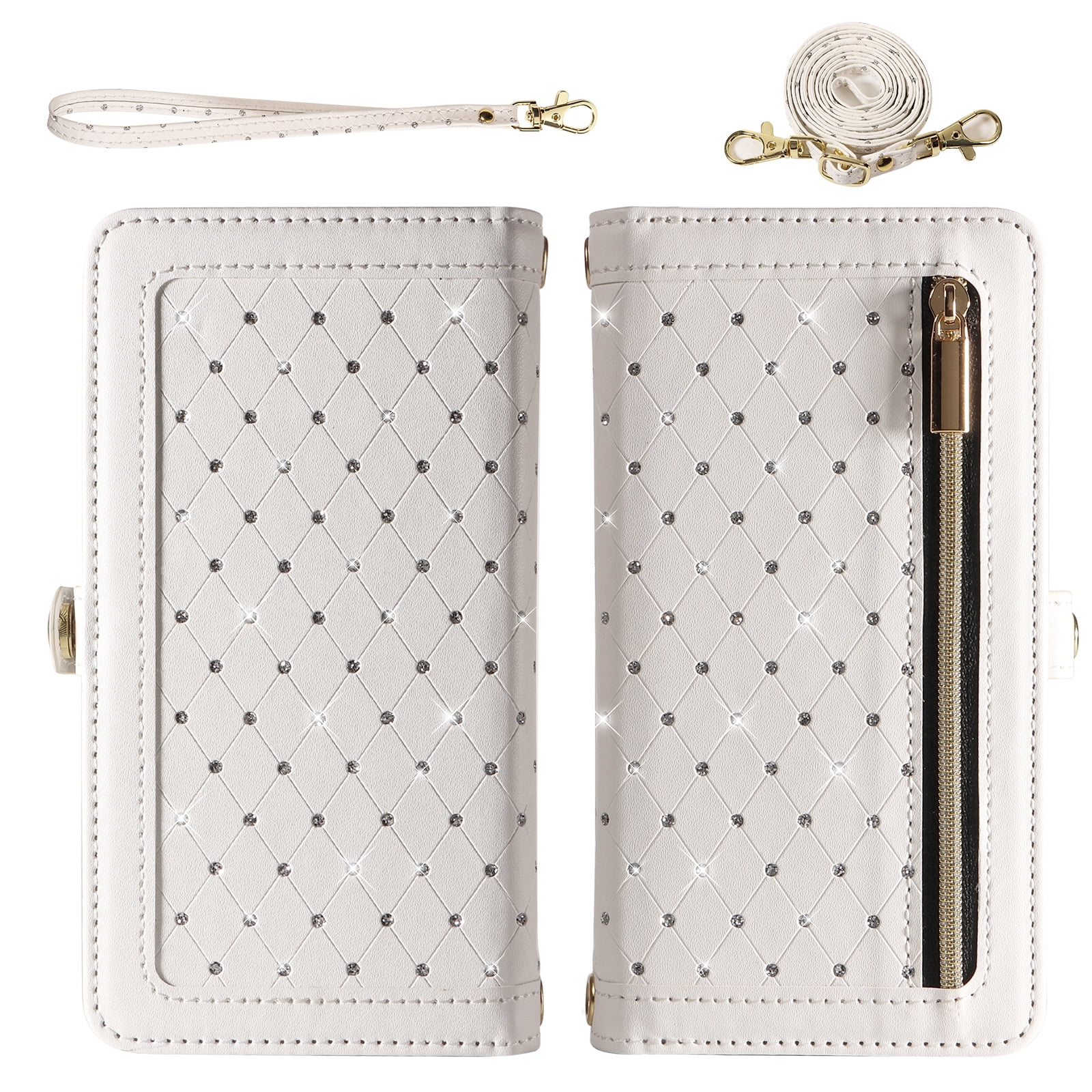 Asuwish Phone Case for TCL 50 5G/50 XE NXTPAPER/50 XE 5G Zipper Wallet Detachable Cell Cover with Tempered Glass Screen Protector Crossbody Lanyard Strap Glitter Flip Card Holder Slot Women White