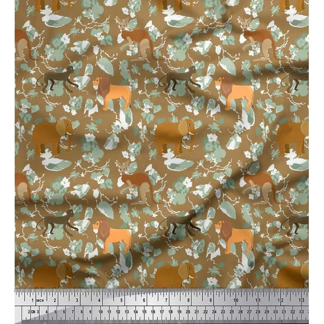 Soimoi Moss Georgette Fabric Kangaroo,Elephant & Lion Animal Print Fabric by Yard 42 Inch Wide