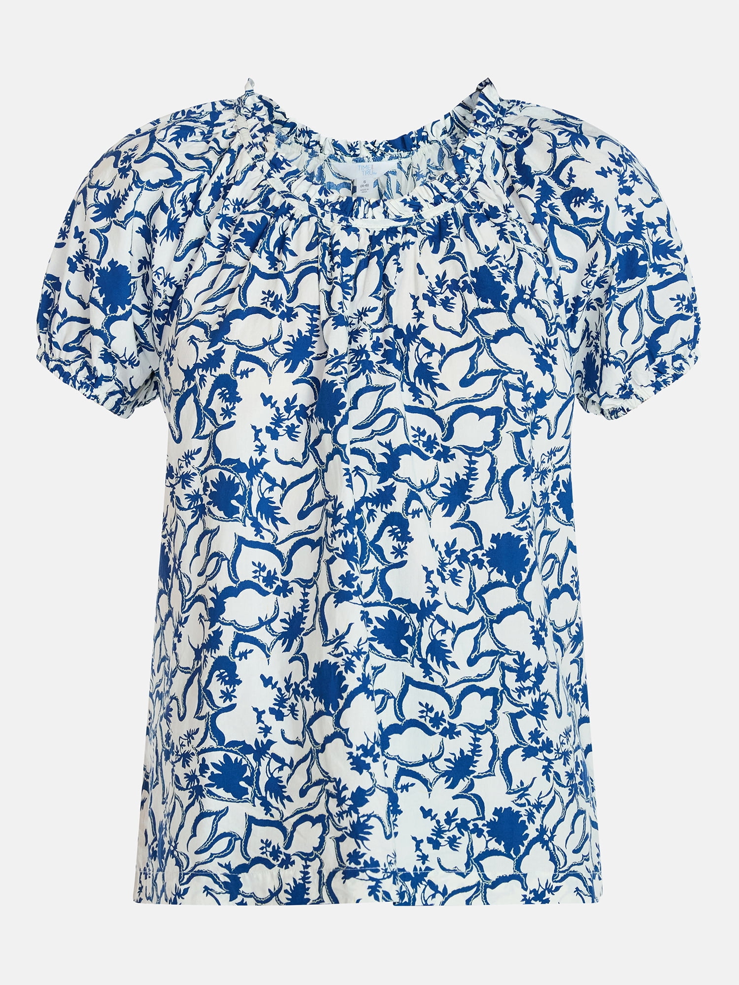 Time and Tru Women's Ruffle Neck Cotton Top with Short Puff Sleeves, Sizes XS-XXXL