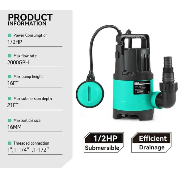Submersible Water Pump 2000GPH 1/2HP with Float Switch for Pool, Garden, Pond Draining