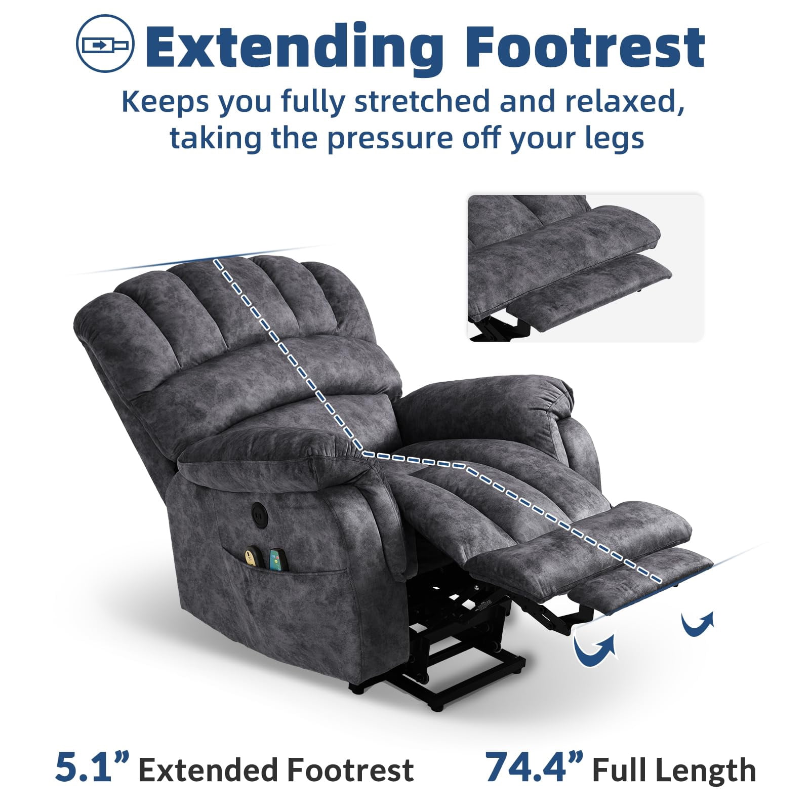 SOCIALCOMFY Large Electric Power Lift Recliner Chair with Extended Footrest for Elderly Big Man, Overstuffed Heated Massage Wide Reclining Sofa with 2 Remote Controls, Side Pockets & USB Ports, Gray