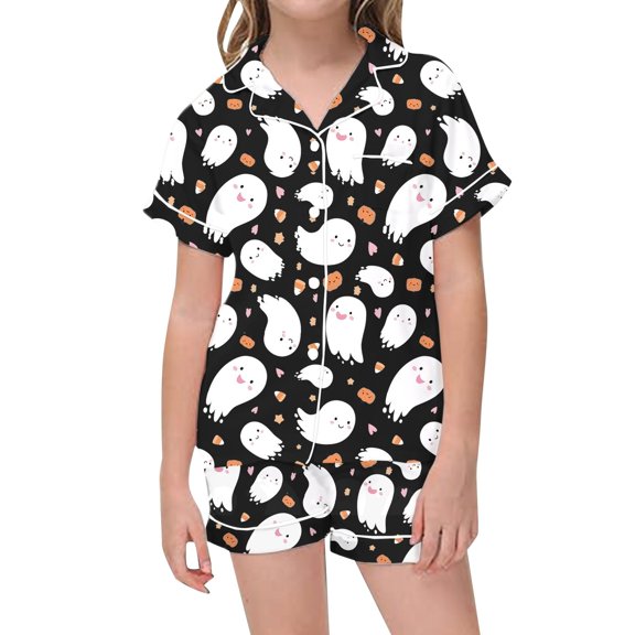 Glisme Halloween 2 Piece Toddler Boys Girls Nightwear Friendly Ghost Print Short Sleeve Notch Neck Pyjamas With Shorts Outfit Fall Soft Kids Pajamas Size 2-3 Years Black