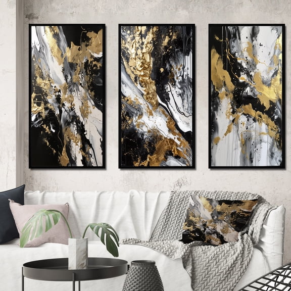 Designart "River of Happiness Gold, Black, and White Abstract II" Abstract Painting Framed Wall Art Set Of 3 - Gold Modern Frame Gallery Set For Office Decor