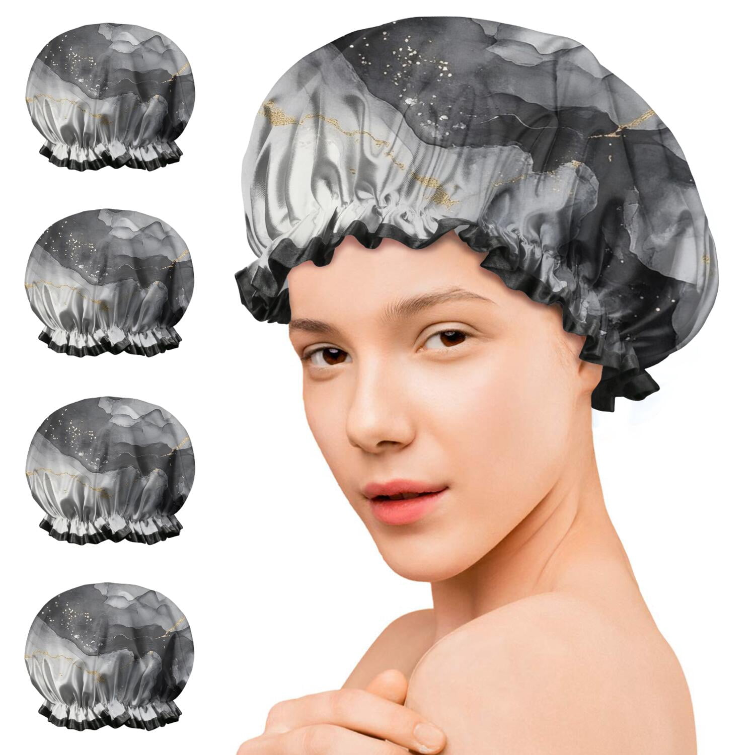 Shower Caps,Black White Gold Marble Pattern Waterproof Shower Cap for Women 4 Pieces,Double Reusable Hair Cover for Shower PEVA Elastic Stretch Hem