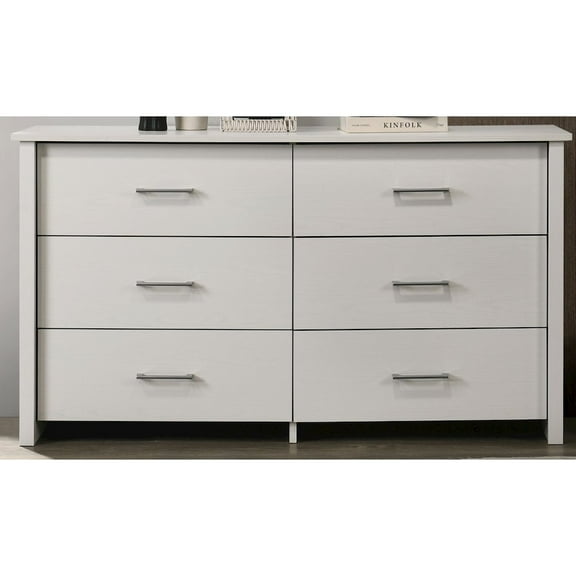Lilola Home Celeste 57"W White 6-Drawer Dresser with Silver Handles