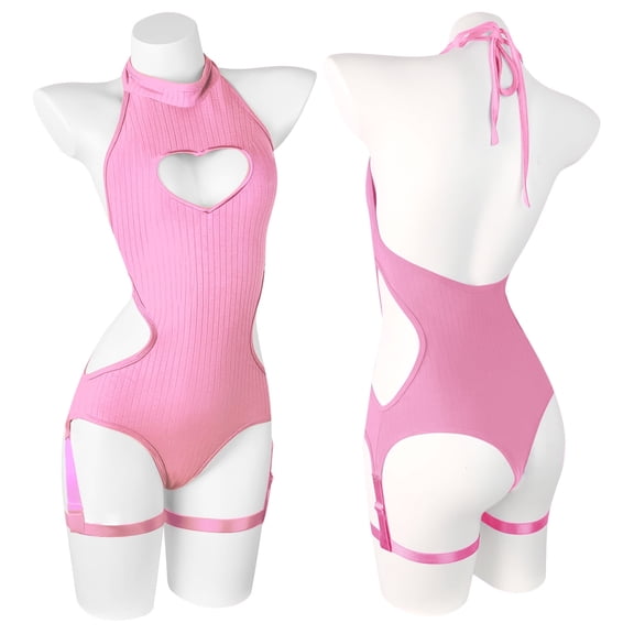 KORURACLUB Women's Lingerie Knitting Backless Bodysuit Corset Heart Shape Top Sexy Egirl Jumpsuit Role-Playing Bodysuit