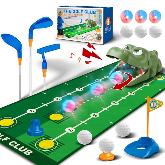 Funvip Toddler Golf Set, Kids Toy LED Lights Golf Clubs Set, Automatic Ball Returner, with 3 Changable Clubs and Putting Mat, Indoor Outdoor Sport Gift for Boys Girls 3-8 Years