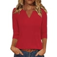 thumbnail image 3 of ClodeEU Women's Summer V Neck 3/4 Sleeve Pullover Top with Pleated, Casual T-Shirt Blouse Red,Womens Plus S, 3 of 8