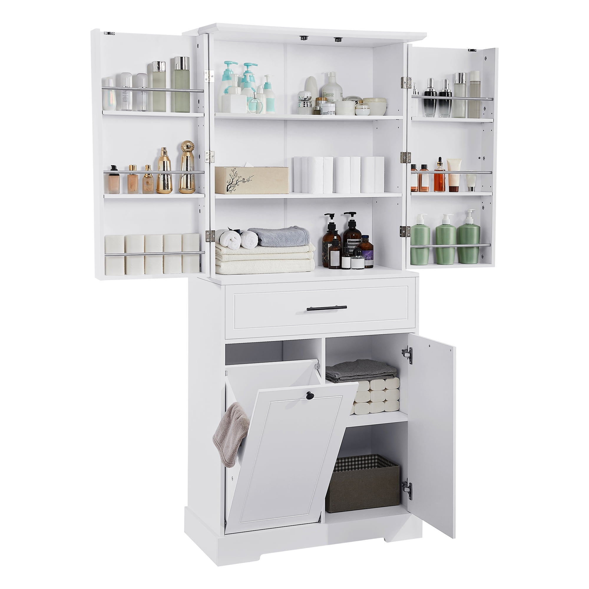 Euroco Freestanding Bathroom Storage Cabinet with Doors & Drawers, Tilt-Out Laundry Hamper, Adjustable Shelf, Multiple Storage Spaces, White