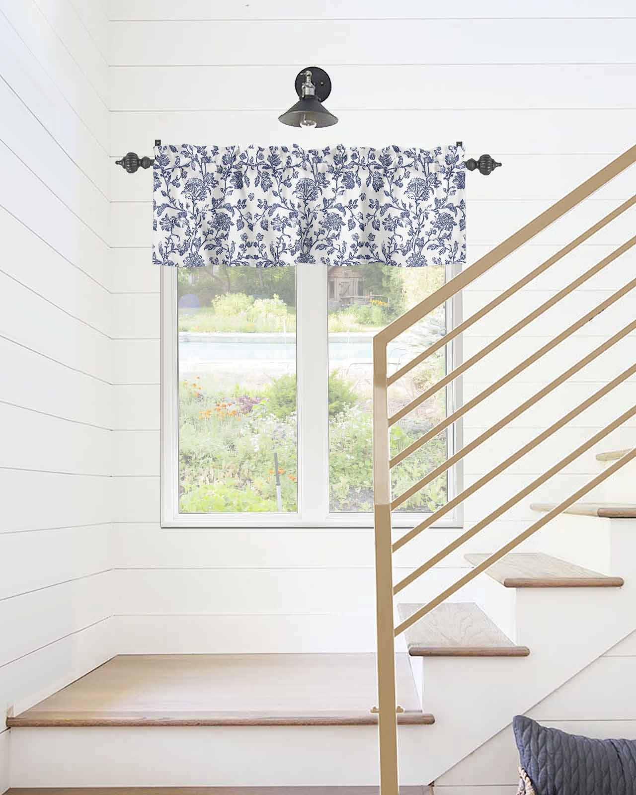 Watercolor Dark Blue Flower Curtain Valances for Kitchen Windows,Rod Pocket Short Valance Retro Pastoral Floral Texture Window Treatment for Living Room Bathroom Bedroom,42" x 12"-1 Panel