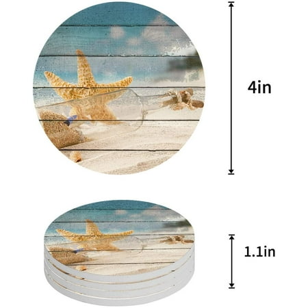 

ZHANZZK Starfish Shell on Wooden Plank Set of 6 Round Coaster for Drinks Absorbent Ceramic Stone Coasters Cup Mat with Cork Base for Home Kitchen Room Coffee Table Bar Decor