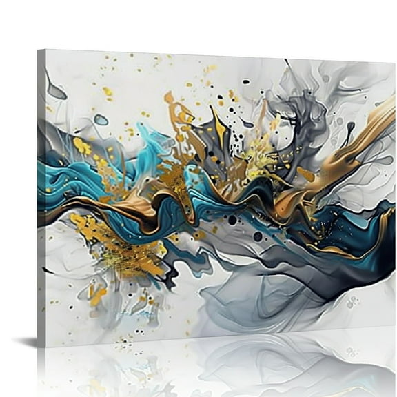 JRXY Blue Abstract Wall Art - Navy Blue and Gold Graffiti Painting on Canvas for Living Room, Geometric Lines Print Picture Artwork for Home Décor… 20x16in