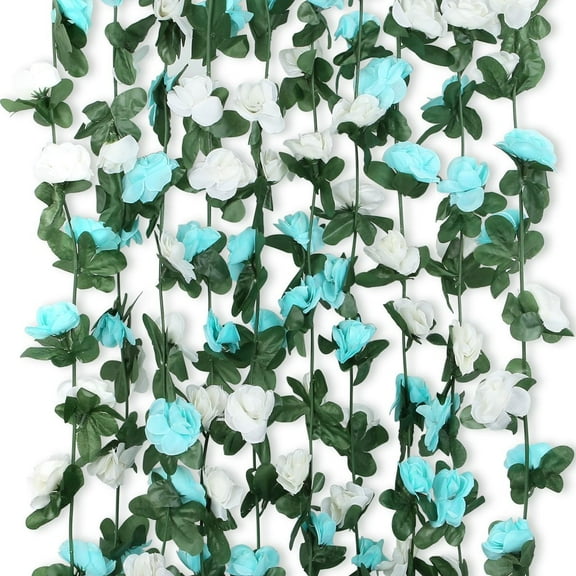 Bootesun 5PCS 41Ft Flower Garland Artificial Rose Garland Fake Flower Vines Hanging Roses Vines Floral Garland Blue-White for Wedding Brithday Anniversary Party Arch Wall Spring Decors