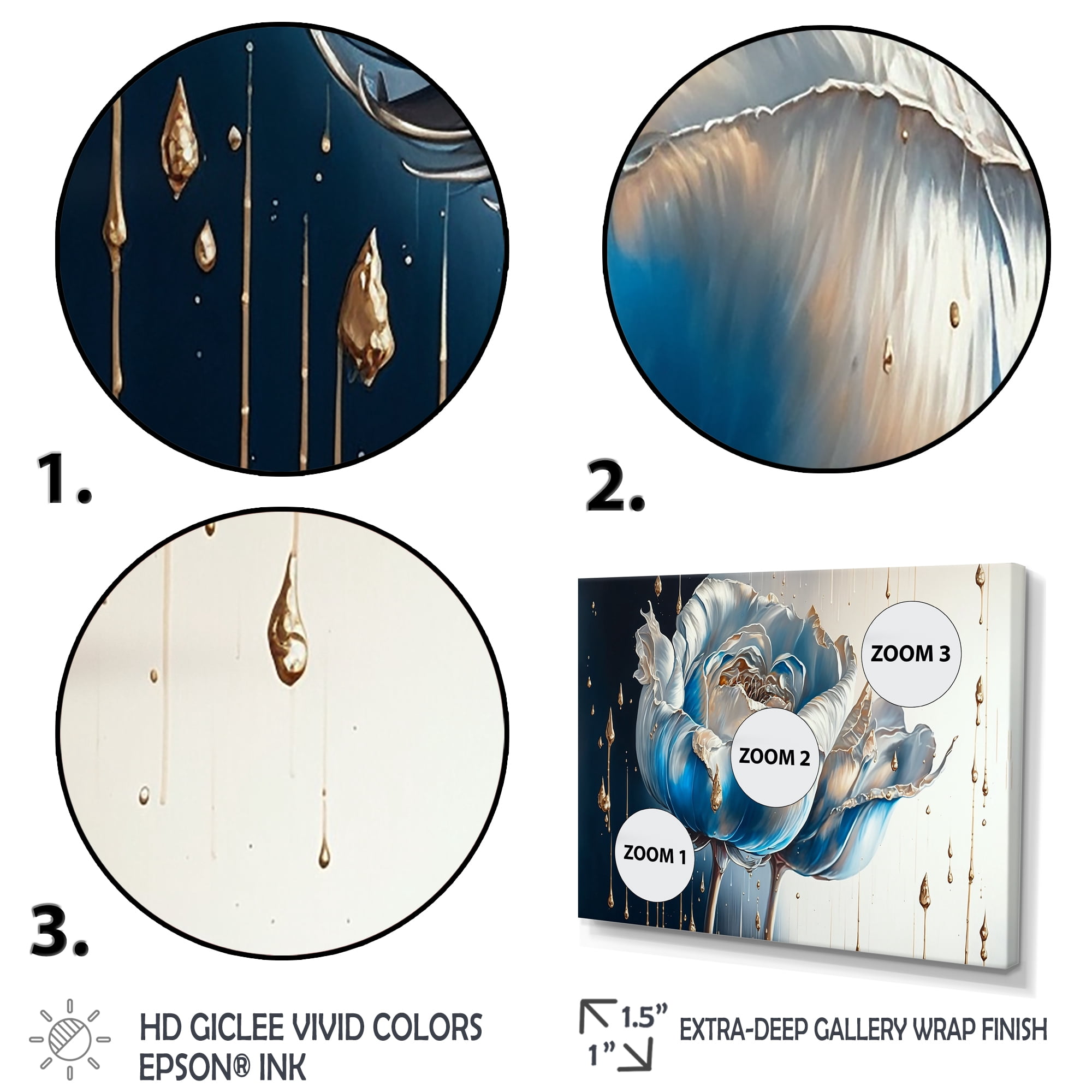 Designart Ice Blue And Gold Paint Drip Tulip I Canvas Wall Art