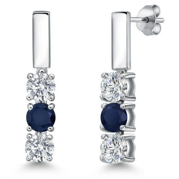 Gem Stone King 925 Sterling Silver White Lab Grown Diamond and Blue Sapphire Drop Dangle Earrings for Women | 1.60 Cttw | Gemstone April Birthstone | Round 5MM