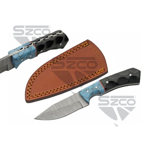 SANZ 6.5" Turquoise Micarta Skinner Hunting Knife Damascus Steel Blade Black Micarta Handle with Leather Sheath