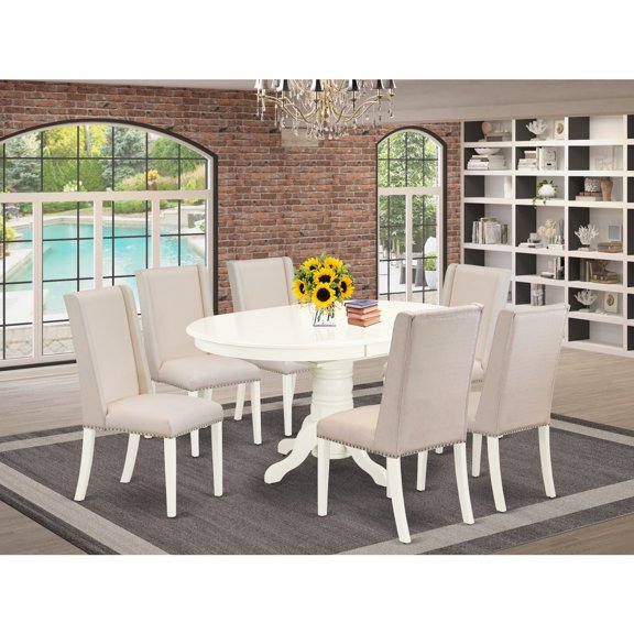 Rustic Ranch 7-Piece Dining Set - Pedestal Table6 Parson Chairs - Linen White Finish