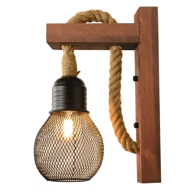 Lámpara Pared Estilo Vintage Cuerda Madera Rústica