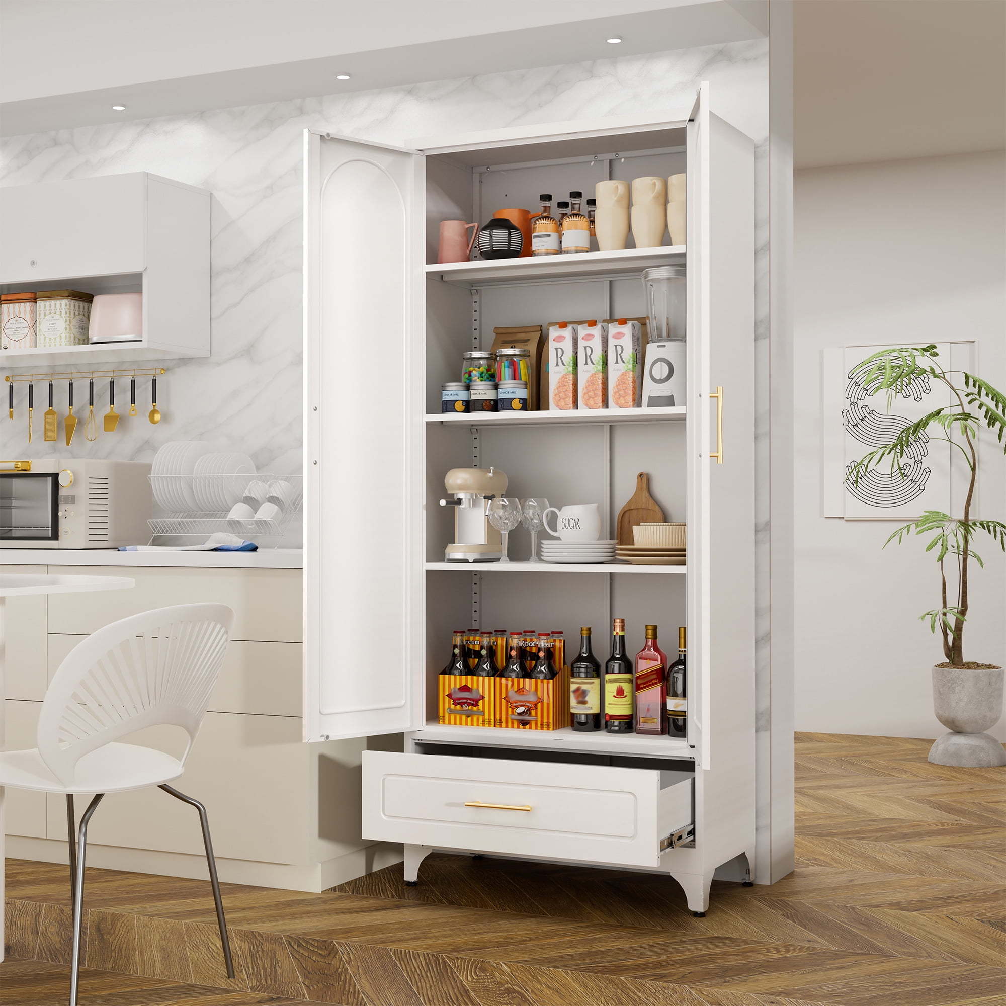 Polup 75" H White Kitchen Pantry Storage Cabinets with Drawers, Doors and Shelves, Steel Large Cupboard