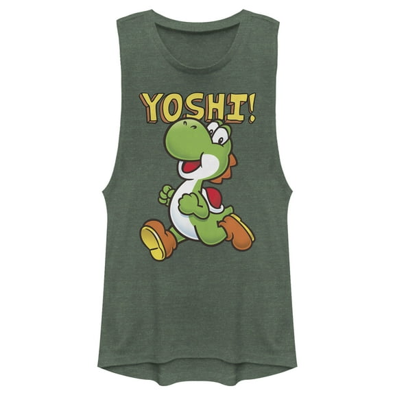 Junior's Nintendo Running Yoshi  Festival Muscle Graphic Tee Pine Green Heather Large
