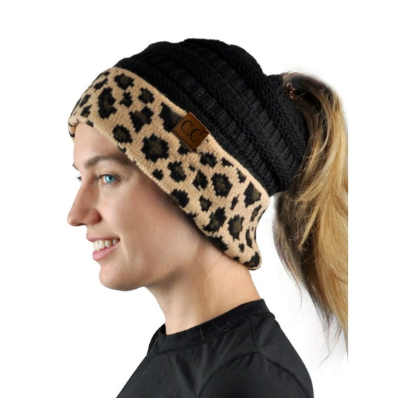 C.C BeanieTail Cable Knit Messy High Bun Ponytail Cuff Beanie Hat, Leopard Black