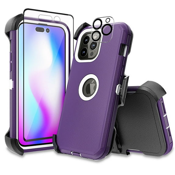 Xhy iPhone 14 Pro Max Case with Belt Clip Holster+Screen and Lens Protector Military Grade Heavy Duty Shockproof Armor Rugged Durable Detachable for iPhone 14 Pro Max 6.7 inch 2022 Phone -Purple+White