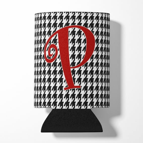 Letter P Initial Monogram - Houndstooth Black Can or Bottle Hugger