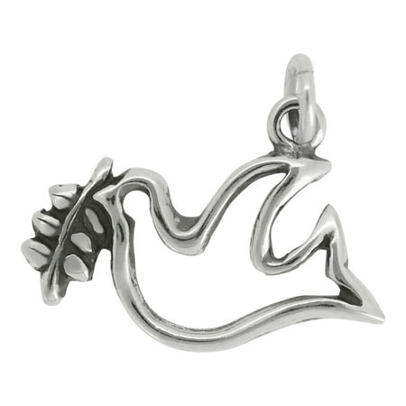 Sterling Silver Dove Charm - Sterling Silver Dove Outline with Olive Leaf Branch Charm on a Carded Box Chain Necklace, 18