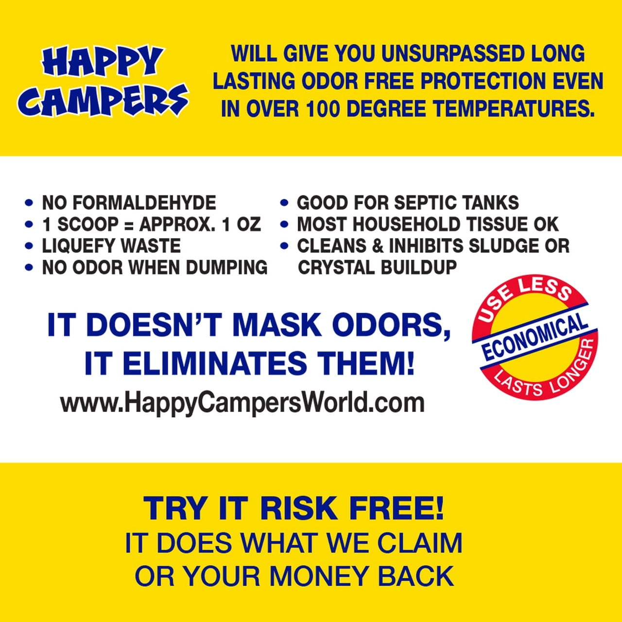 Happy Campers RV Toilet Treatment - Powerful Odor Control, Long-Lasting RV Tank Treatment - Prevents Clogs, Buildup, Sensor Failure - Keeps Holding Tank Clean & Healthy, Odor Free (64 Treatments)