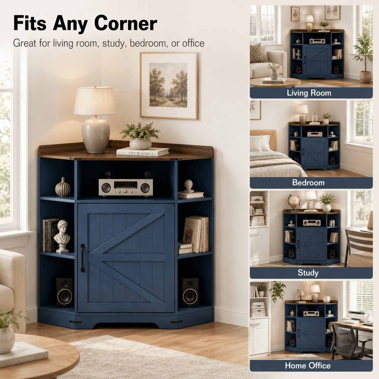 Aukfa Corner Cabinet with Charging Station,3-Tier Storage Shelf with 6 Cubbies, Navy