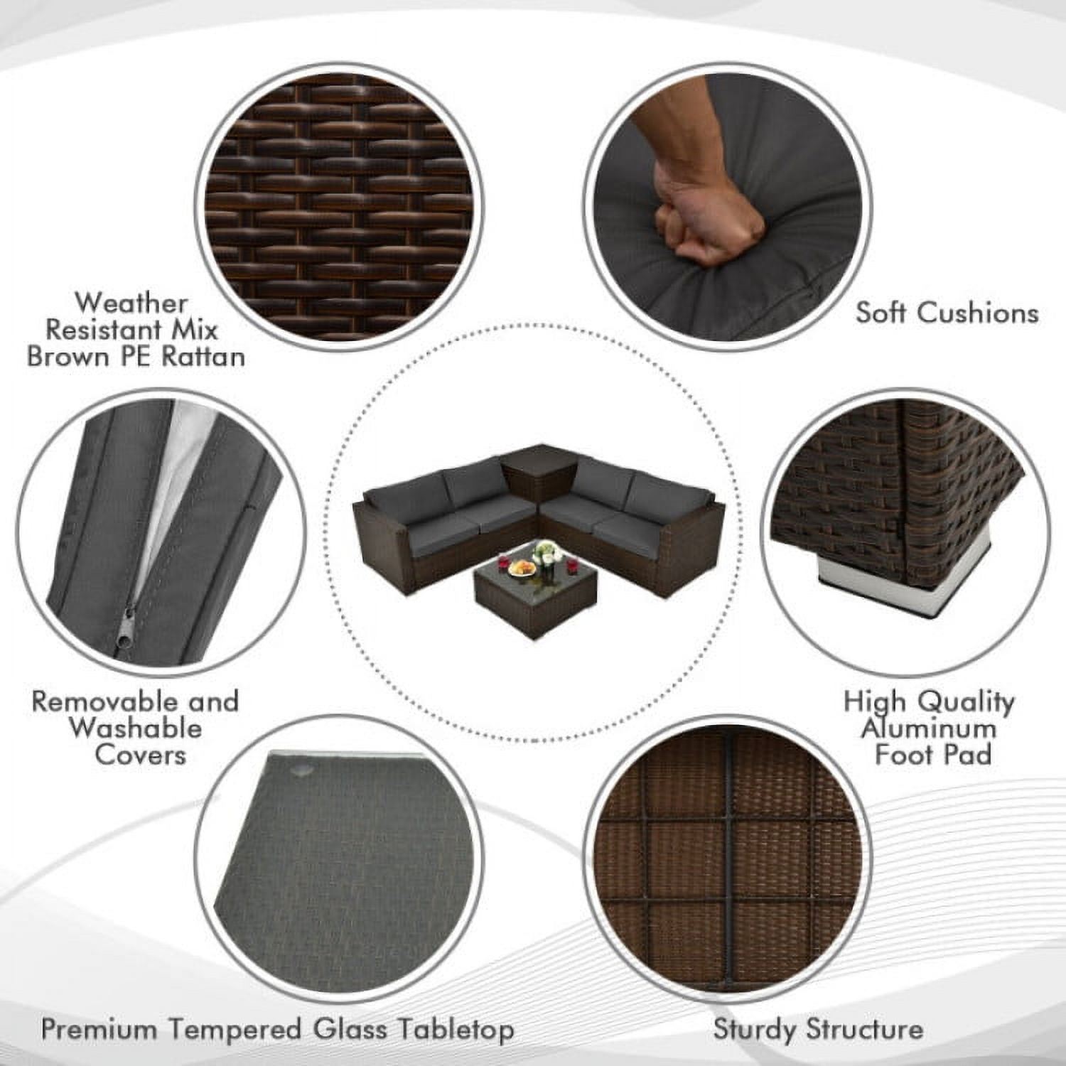 Aimee Lii 4 Pieces Patio Rattan Cushioned Furniture Set with Armrest and Storage Box, Outdoor Patio Set, Brown