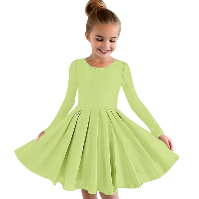 Odeerbi Niñas Manga Larga A-Vestido de Manga Larga Para Niñas Vestido Acampanado de Primavera Vestido Elástico de Colores Sólidos Vestido de Patinadora Twirly Vestido de Recital Escolar