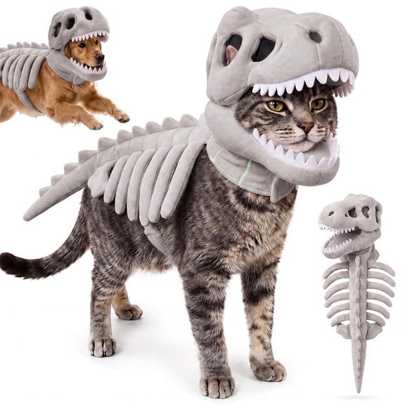 Pet Dinosaur Costume – 3D Skeleton Design, Cozy Plush Halloween Outfit for Dogs & Cats