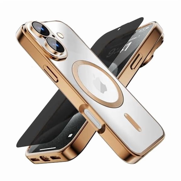 for iPhone 17 Case with Privacy Screen Protector,[Camera Lens Protector] Clear Magnetic Luxury Plating Case Compatible with MagSafe Elegant Anti-Scratch Case Cover 6.3 inch Gold