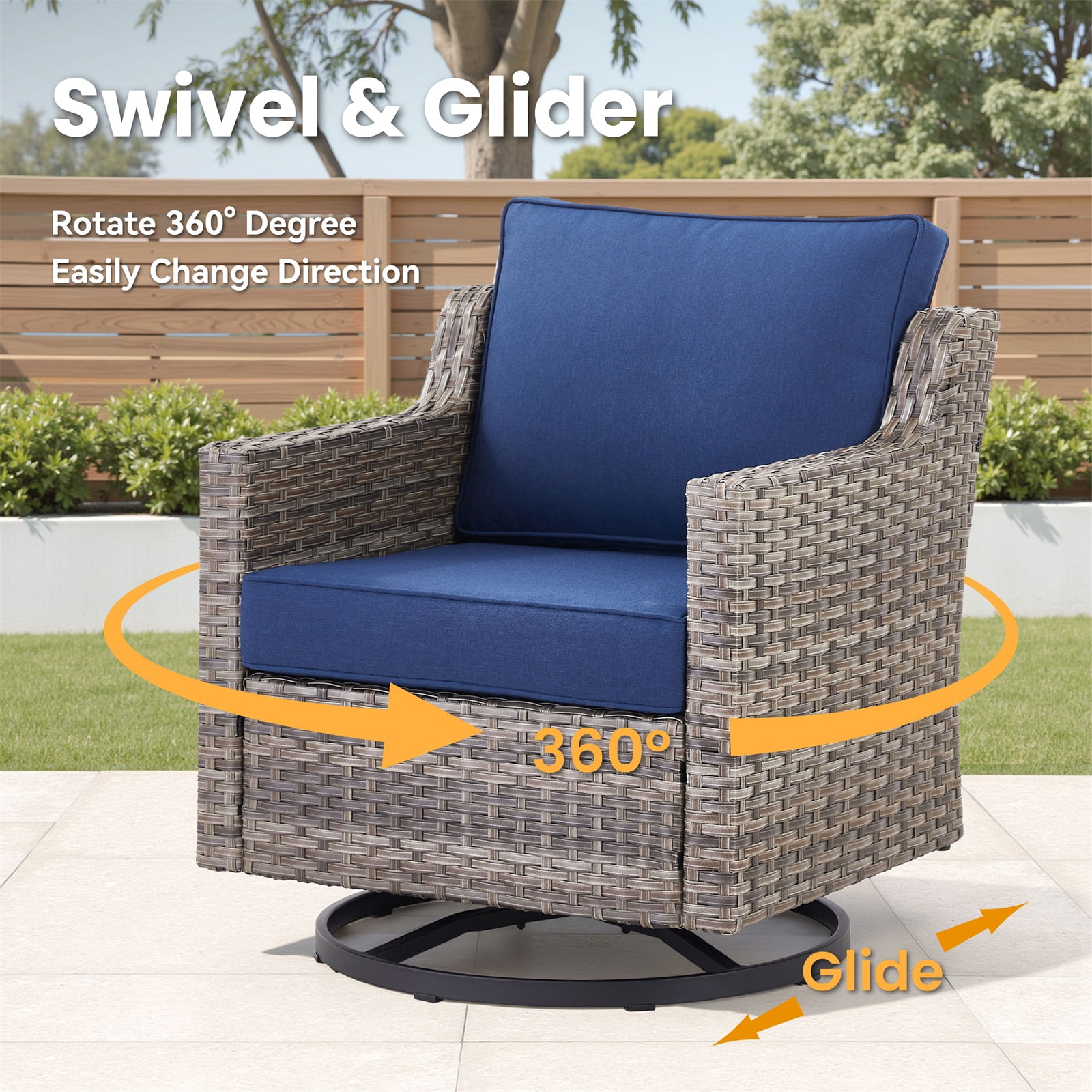 Hommoo 3-Piece Outdoor Patio Swivel Rocker Chairs, Patio Gray Wicker Furniture Swivel Chairs Set with Cushion, for Porch, Poolside, Deck, and Yard, Beige
